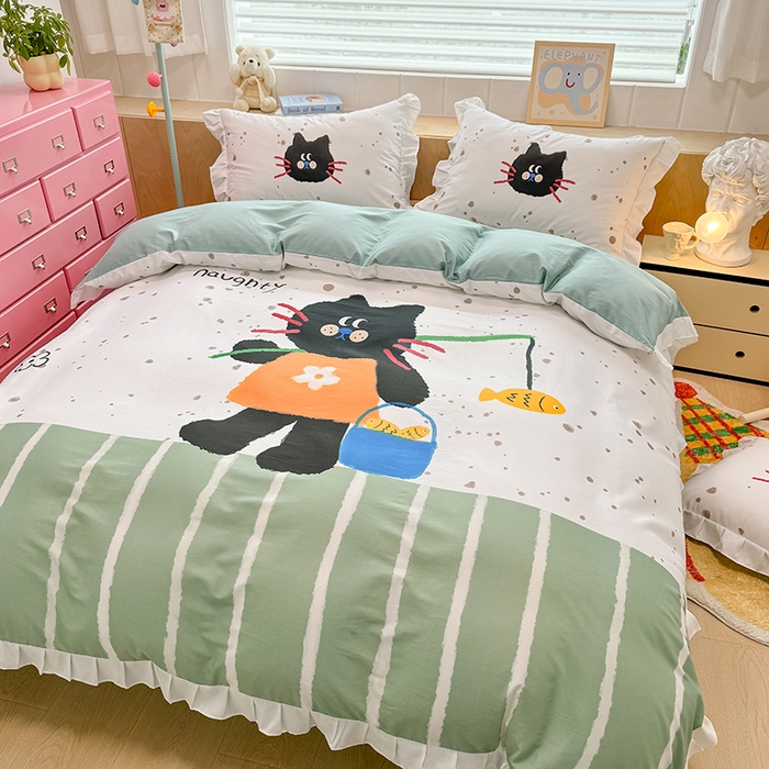 91家纺网 家纺一手货源 找家纺 玉元坊 2025新款全棉纯棉数码印花四件套 猫钓鱼