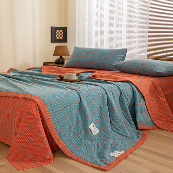 91家纺网 家纺一手货源 找家纺 鑫棉坊 2025新款全棉色织水洗棉A类棉花夏被可机洗空调被四件套床单枕套 百香果