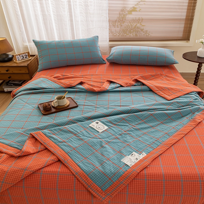 91家纺网 家纺一手货源 找家纺 鑫棉坊 2025新款全棉色织水洗棉A类棉花夏被可机洗空调被四件套床单枕套 百香果