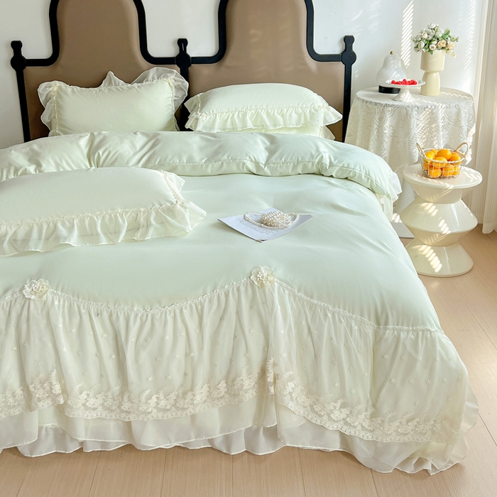 91家纺网 家纺一手货源 找家纺 艺玲家纺 2025新款糯小棉爱丽莎雪纺花边四件套 爱丽莎-绿