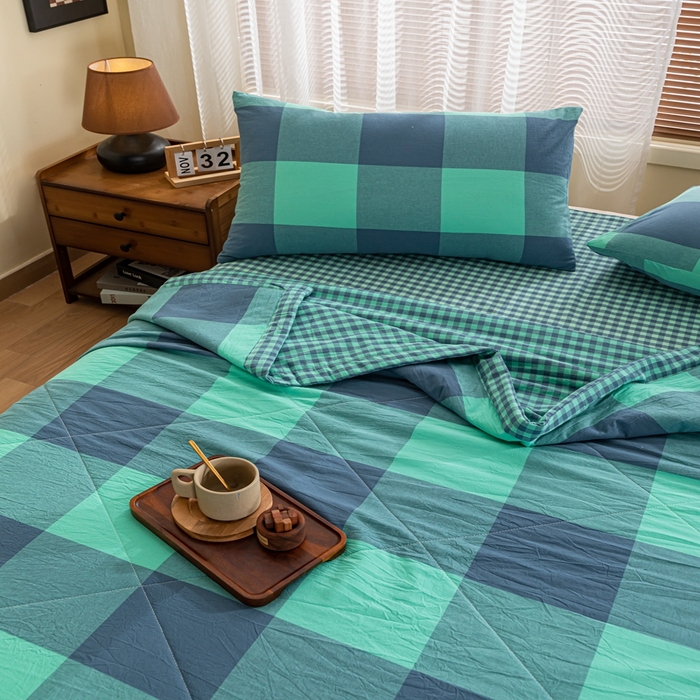 91家纺网 家纺一手货源 找家纺 鑫棉坊 2025新款全棉色织水洗棉A类棉花夏被可机洗空调被四件套床单枕套 淡雅