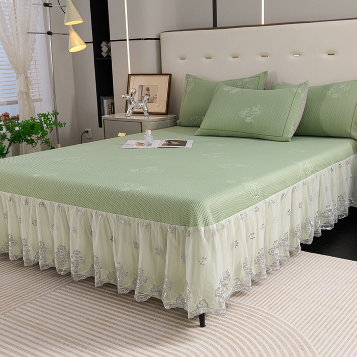 91家纺网 家纺一手货源 找家纺 席之家 2025新款3D冰感蕾丝床裙豆豆席 蕾丝-茶花之恋-水绿