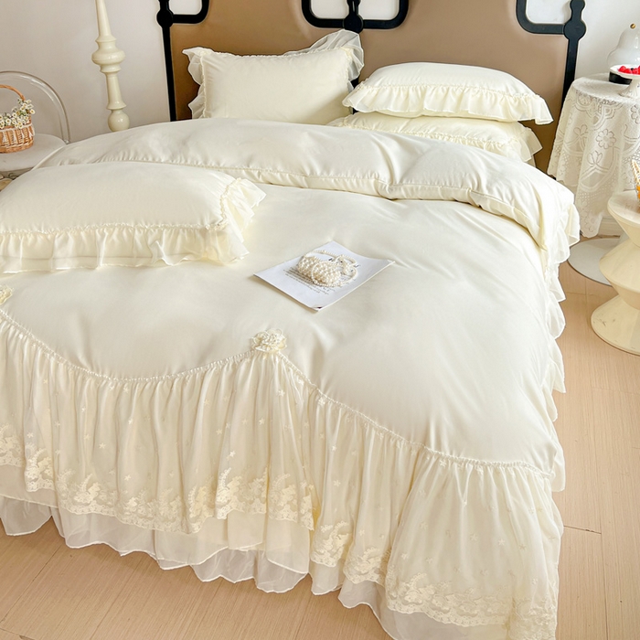 91家纺网 家纺一手货源 找家纺 艺玲家纺 2025新款糯小棉爱丽莎雪纺花边四件套 爱丽莎-黄