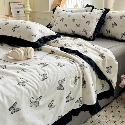 91家纺网 家纺一手货源 找家纺 鑫利来家纺 2025爆款法式赫本风水洗棉韩版荷叶花边云朵棉夏被夏凉被空调被四件套直播爆款 蝴蝶