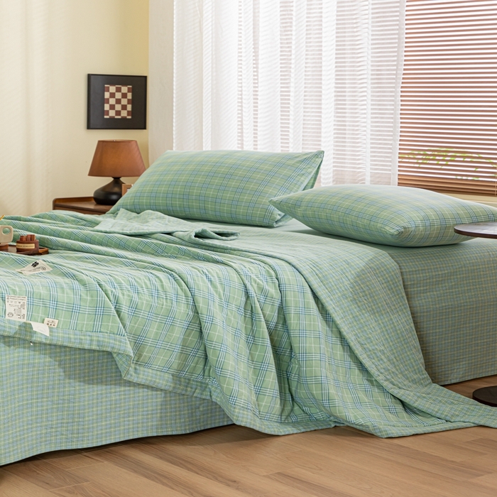 91家纺网 家纺一手货源 找家纺 鑫棉坊 2025新款全棉色织水洗棉A类棉花夏被可机洗空调被四件套床单枕套 清漾绿格