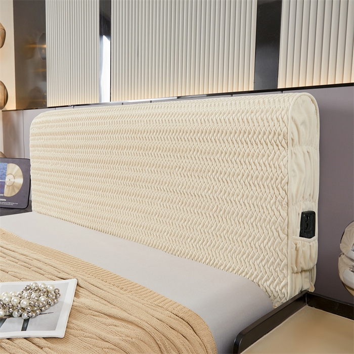 91家纺网 家纺一手货源 找家纺 情恒家纺 2025新款德芙绒工艺款全包床头罩 奶油白