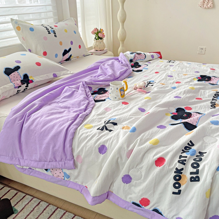 91家纺网 家纺一手货源 找家纺 富艺隆 2025新款水洗棉双层纱夏被 波点小狗