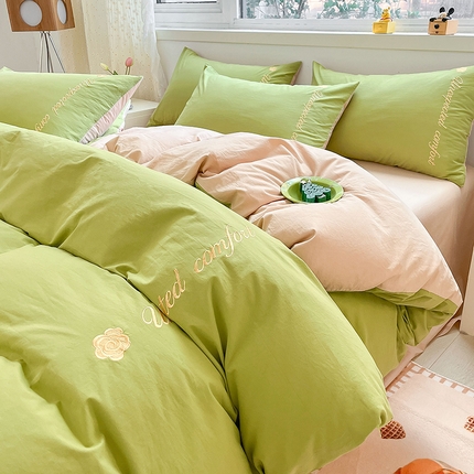 91家纺网 家纺一手货源 找家纺 禧澜庭 2025新款纯棉全棉斜纹四件套刺绣绣花款春小清新三件套-幸运花 幸运花-嫩芽绿+卡其