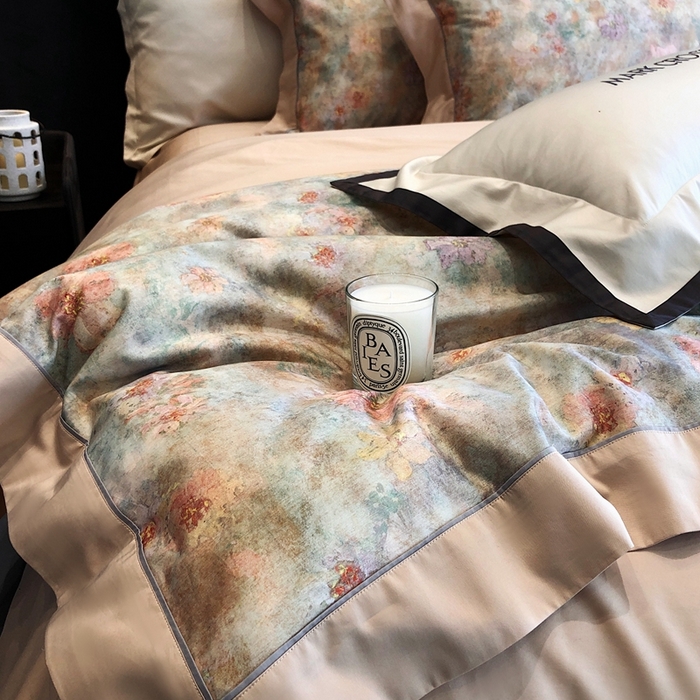 91家纺网 家纺一手货源 找家纺 佳汐蓝2025新款典雅诗意花卉全棉印花四件套券后不低于438/458元 时光之恋-杏黄桔