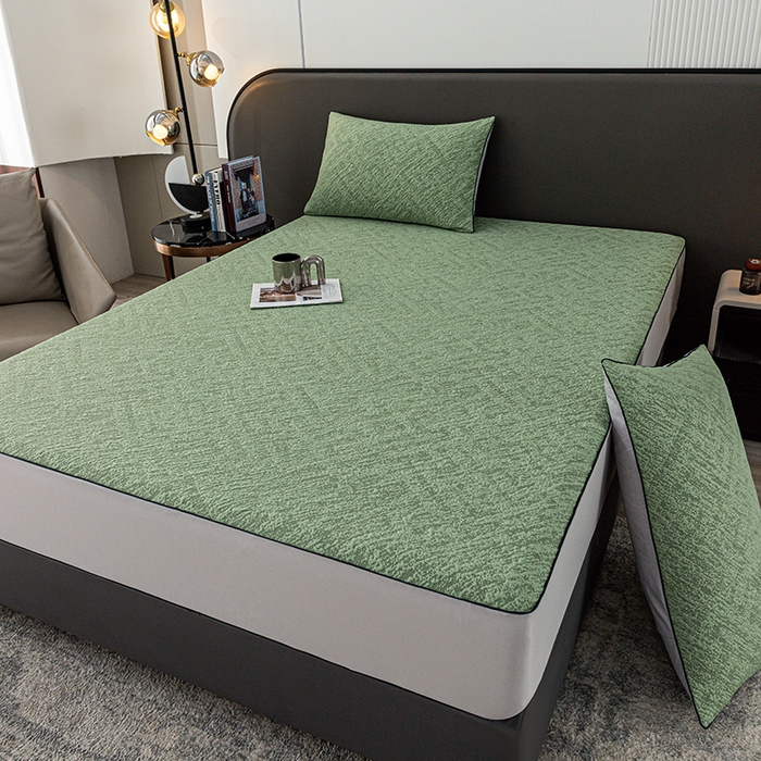 91家纺网 家纺一手货源 找家纺 锦罗绣 2025春夏新款PE中分子凉感提花软凉席席子 流金岁月-绿 床笠款