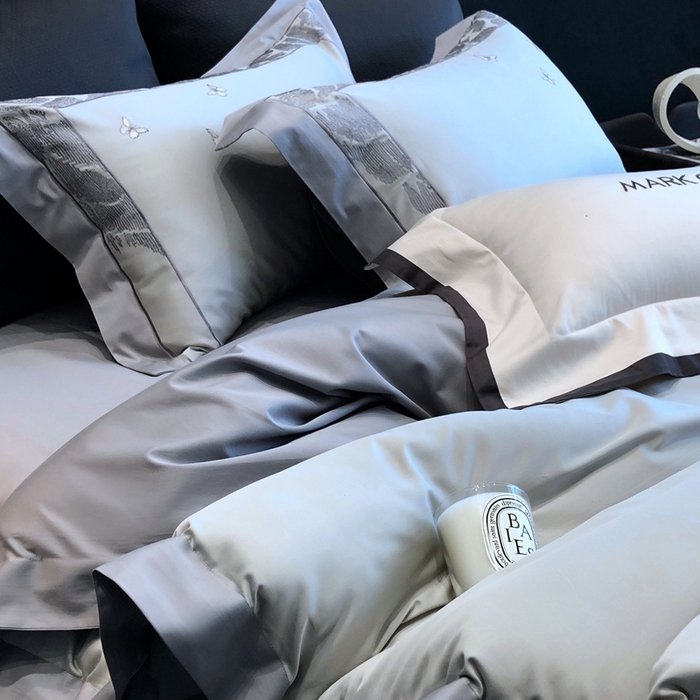 91家纺网 家纺一手货源 找家纺 佳汐蓝2025新款清雅自然刺绣黄金棉系列四件套价格表券后不低于498/518元 春野浮绿-雾隐灰