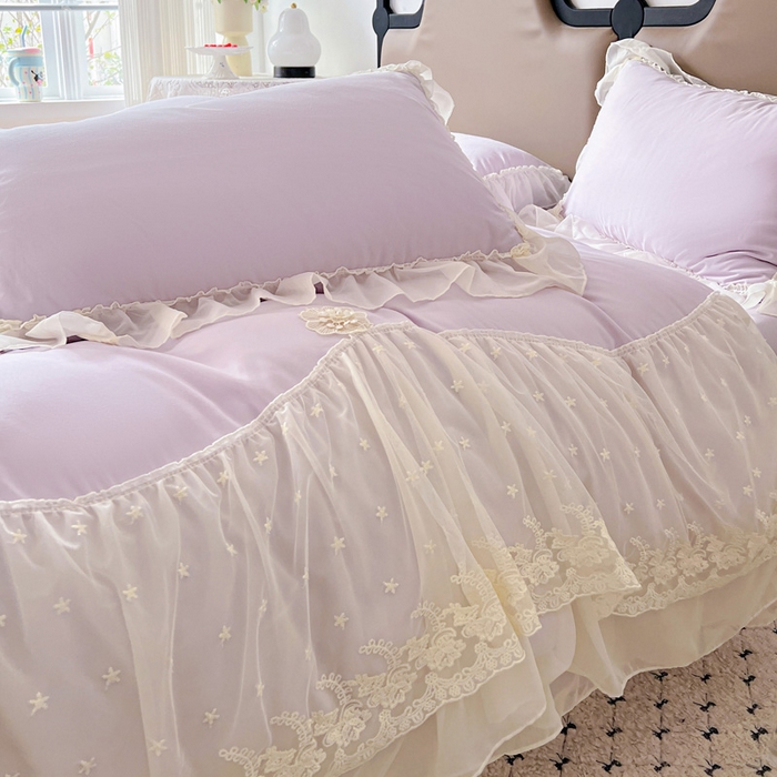 91家纺网 家纺一手货源 找家纺 艺玲家纺 2025新款糯小棉爱丽莎雪纺花边四件套 爱丽莎-紫