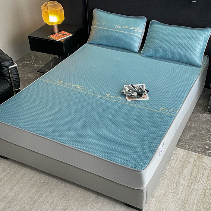 91家纺网 家纺一手货源 找家纺 2025新款提花冰豆豆凉席床笠床席三件套幸运草系列 幸运草-蓝