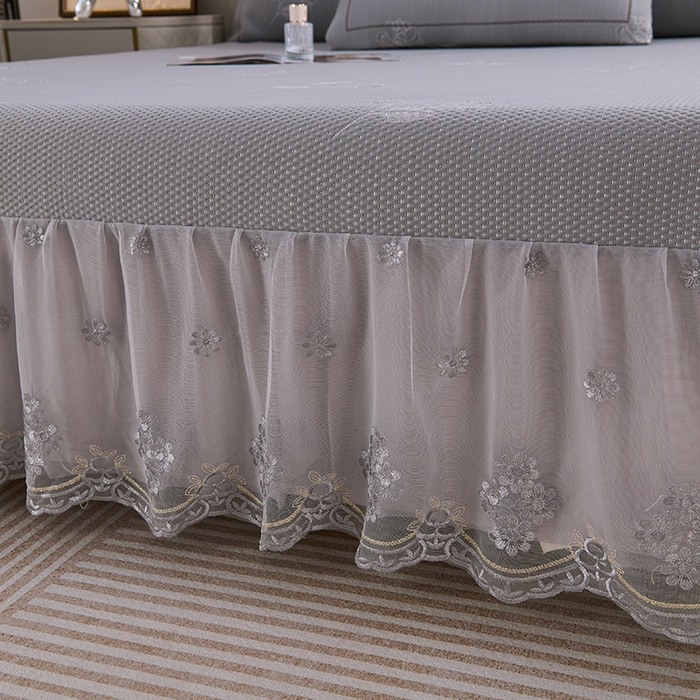 91家纺网 家纺一手货源 找家纺 席之家 2025新款3D冰感蕾丝床裙豆豆席 蕾丝-茶花之恋-灰