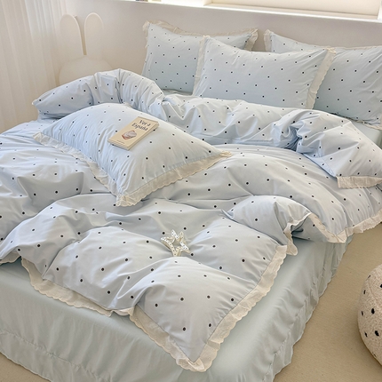 91家纺网 家纺一手货源 找家纺 吾欢心 2025新款韩版花边水洗双层纱四件套夏被四件套（棚拍图） 蓝色波点
