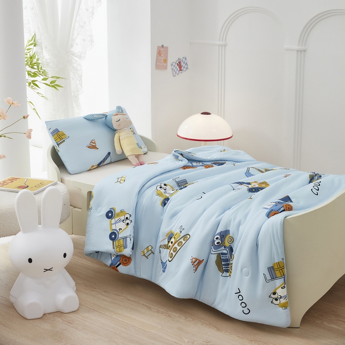 91家纺网 家纺一手货源 找家纺 丝涟家居 2025新款A类双面针织棉卡通小清新滚绳工艺夏被小挖机