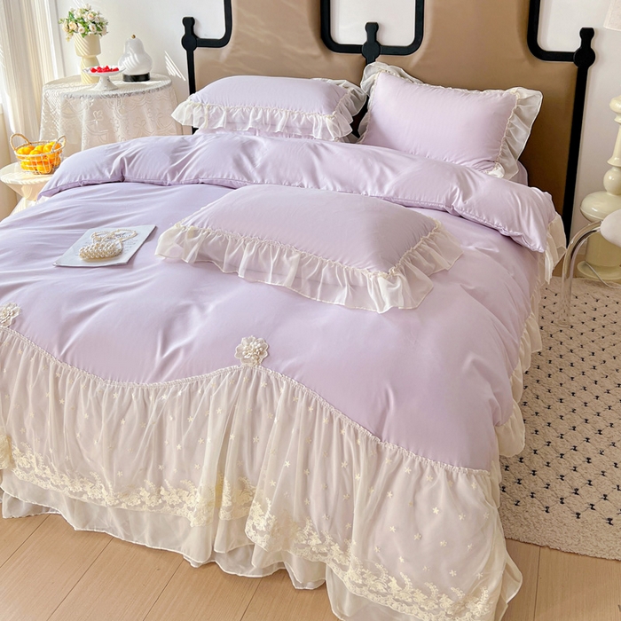 91家纺网 家纺一手货源 找家纺 艺玲家纺 2025新款糯小棉爱丽莎雪纺花边四件套 爱丽莎-紫