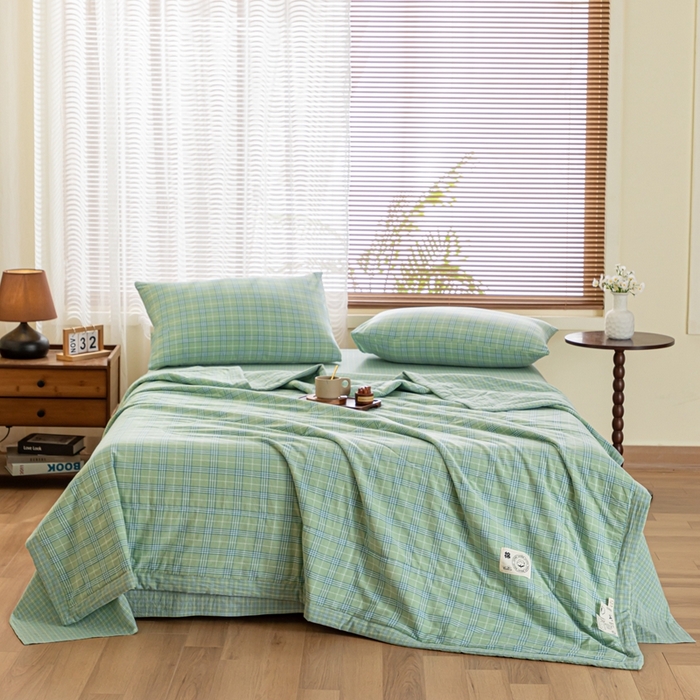 91家纺网 家纺一手货源 找家纺 鑫棉坊 2025新款全棉色织水洗棉A类棉花夏被可机洗空调被四件套床单枕套 清漾绿格