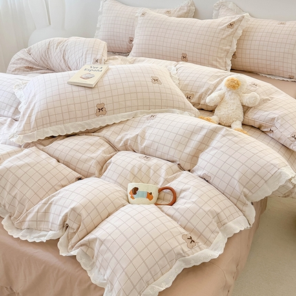 91家纺网 家纺一手货源 找家纺 吾欢心 2025新款韩版花边水洗双层纱四件套夏被四件套（棚拍图） 宝贝熊