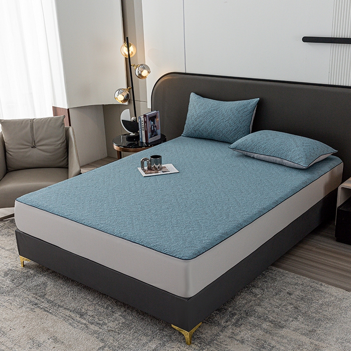 91家纺网 家纺一手货源 找家纺 锦罗绣 2025春夏新款PE中分子凉感提花软凉席席子 流金岁月-深蓝 床笠款