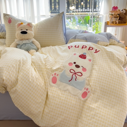 91家纺网 家纺一手货源 找家纺 N先生+V 13814689556 发大图/买家秀 2025新款超柔水洗棉贴布绣四件套-微笑狗狗系列 微笑狗狗-黄格