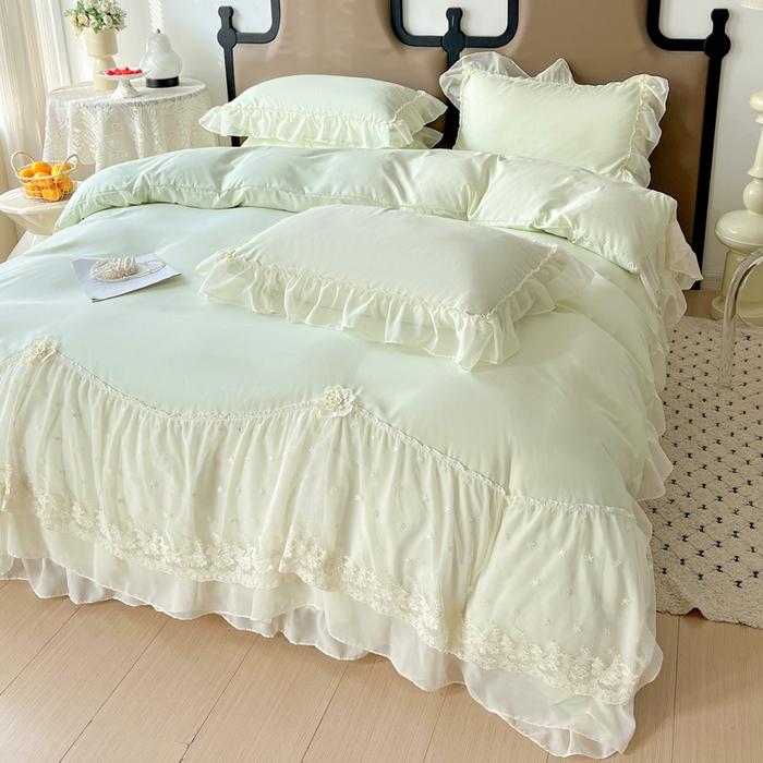 91家纺网 家纺一手货源 找家纺 艺玲家纺 2025新款糯小棉爱丽莎雪纺花边四件套 爱丽莎-绿