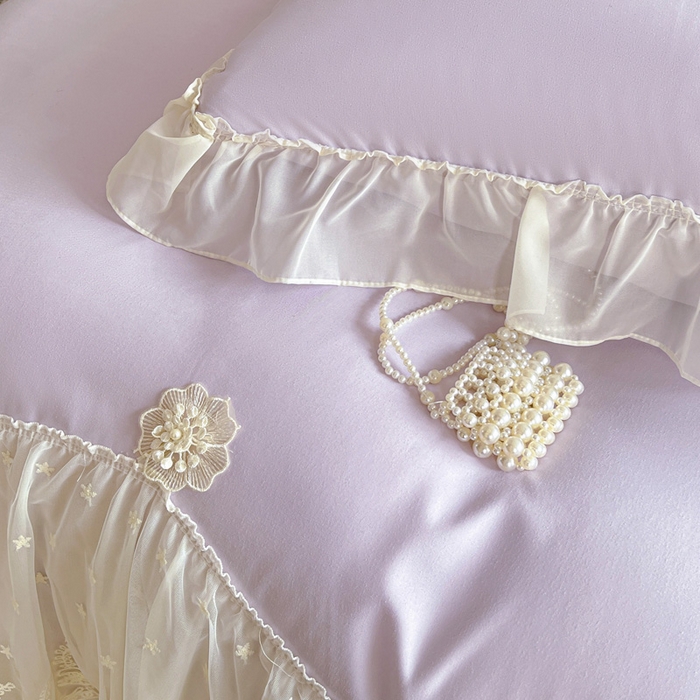 91家纺网 家纺一手货源 找家纺 艺玲家纺 2025新款糯小棉爱丽莎雪纺花边四件套 爱丽莎-紫