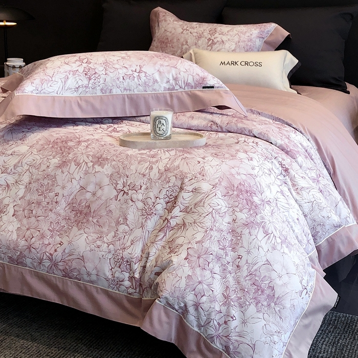 91家纺网 家纺一手货源 找家纺 佳汐蓝2025新款典雅诗意花卉全棉印花四件套券后不低于438/458元 雾隐巴黎-霞光粉