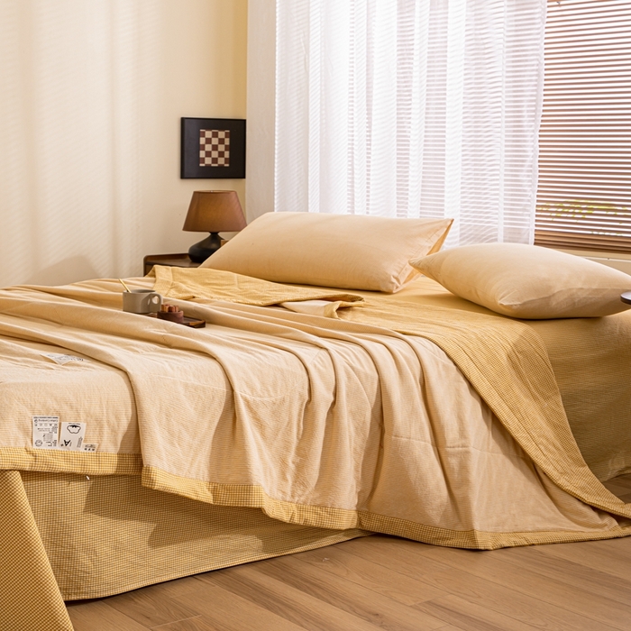 91家纺网 家纺一手货源 找家纺 鑫棉坊 2025新款全棉色织水洗棉A类棉花夏被可机洗空调被四件套床单枕套 浅杏谧境