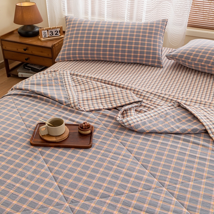 91家纺网 家纺一手货源 找家纺 鑫棉坊 2025新款全棉色织水洗棉A类棉花夏被可机洗空调被四件套床单枕套 静雅方格