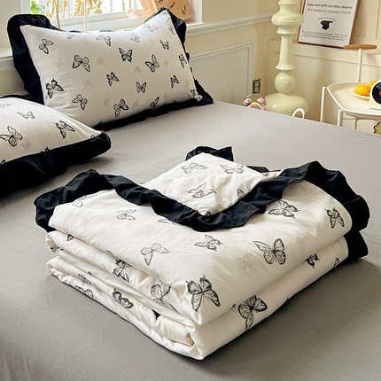 逸林家纺《原希尔顿逸林》 2025爆款法式赫本风水洗棉韩版荷叶花边云朵棉夏被夏凉被空调被四件套直播爆款 蝴蝶