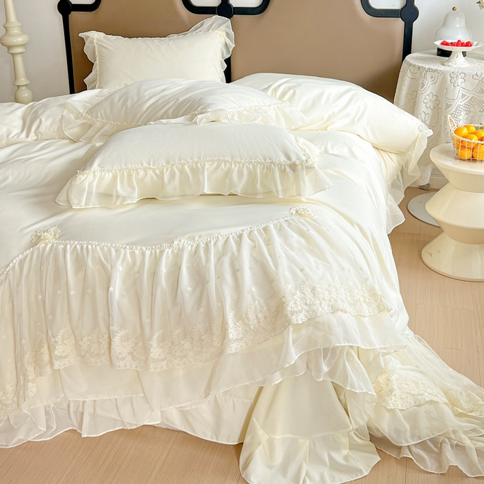 91家纺网 家纺一手货源 找家纺 艺玲家纺 2025新款糯小棉爱丽莎雪纺花边四件套 爱丽莎-黄