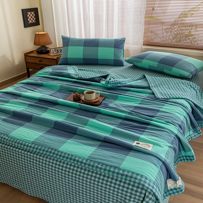 91家纺网 家纺一手货源 找家纺 鑫棉坊 2025新款全棉色织水洗棉A类棉花夏被可机洗空调被四件套床单枕套 淡雅