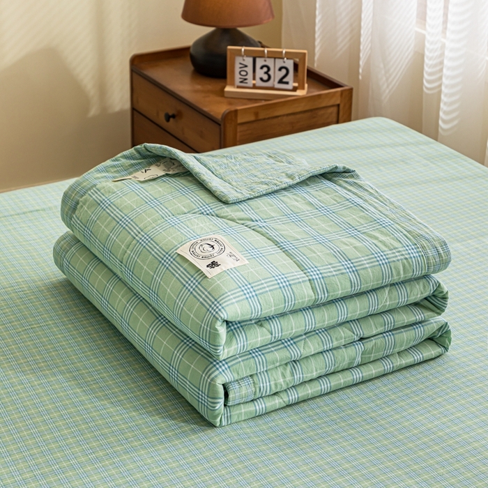 91家纺网 家纺一手货源 找家纺 鑫棉坊 2025新款全棉色织水洗棉A类棉花夏被可机洗空调被四件套床单枕套 清漾绿格