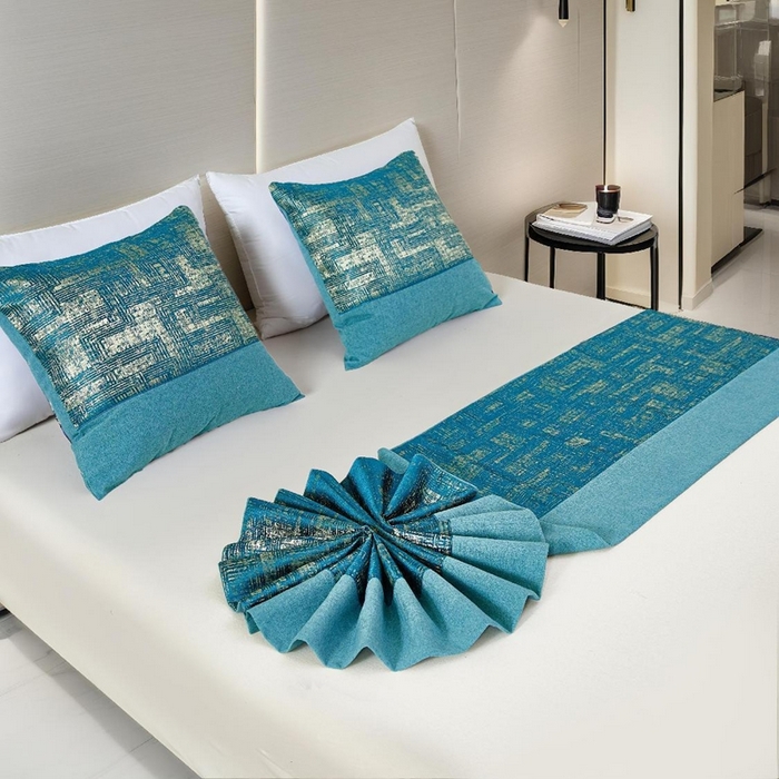 91家纺网 家纺一手货源 找家纺 安力森/诚臻酒店用品2025新款【定制款床尾巾不退不换】床尾巾纯色北欧轻奢高端简约民宿床上用品酒店床旗宾馆床搭巾定制 高精密棉麻双拼-士蓝