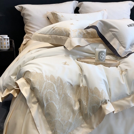 佳汐蓝2025新款清雅自然刺绣黄金棉系列四件套价格表券后不低于498/518元 春野浮绿-奶杏白