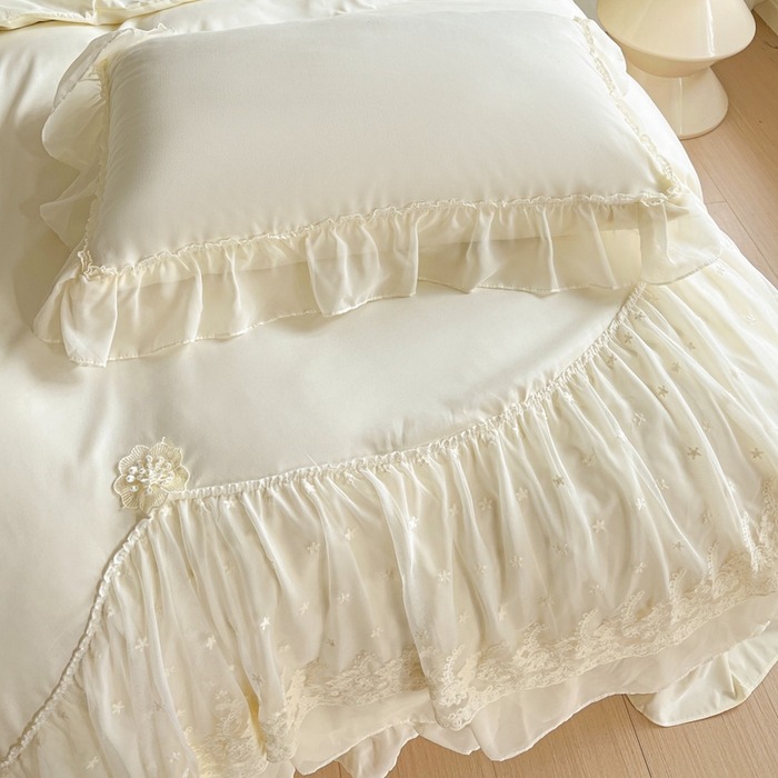 91家纺网 家纺一手货源 找家纺 艺玲家纺 2025新款糯小棉爱丽莎雪纺花边四件套 爱丽莎-黄