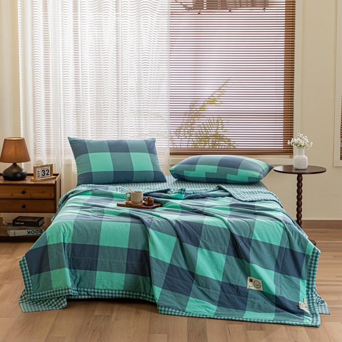 91家纺网 家纺一手货源 找家纺 鑫棉坊 2025新款全棉色织水洗棉A类棉花夏被可机洗空调被四件套床单枕套 淡雅