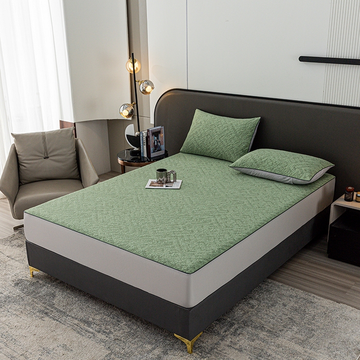 91家纺网 家纺一手货源 找家纺 锦罗绣 2025春夏新款PE中分子凉感提花软凉席席子 流金岁月-绿 床笠款