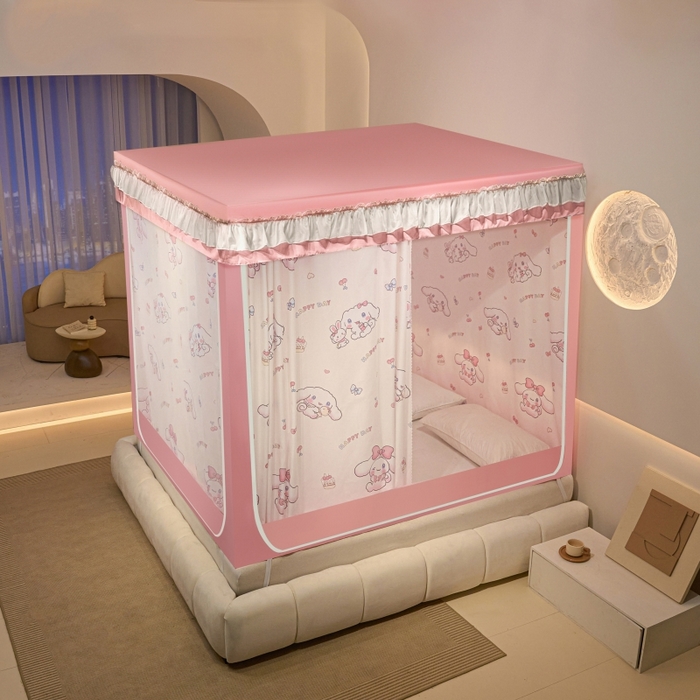 91家纺网 家纺一手货源 找家纺 冉美家纺  2025新款U型遮光方顶坐床蚊帐 粉色小狗