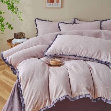 91家纺网 家纺一手货源 找家纺 （总）黛馨 2025新款全棉纯棉A类小清新双层纱四件套-皱皱边系列