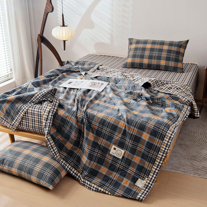 91家纺网 家纺一手货源 找家纺 鑫棉坊 2025新款全棉色织水洗棉A类棉花夏被可机洗空调被四件套床单枕套 伯恩