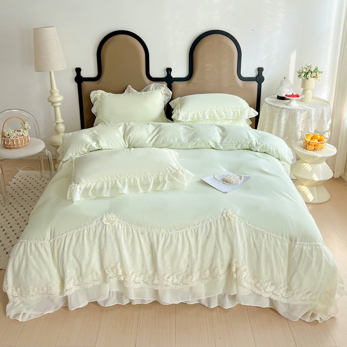 91家纺网 家纺一手货源 找家纺 艺玲家纺 2025新款糯小棉爱丽莎雪纺花边四件套 爱丽莎-绿