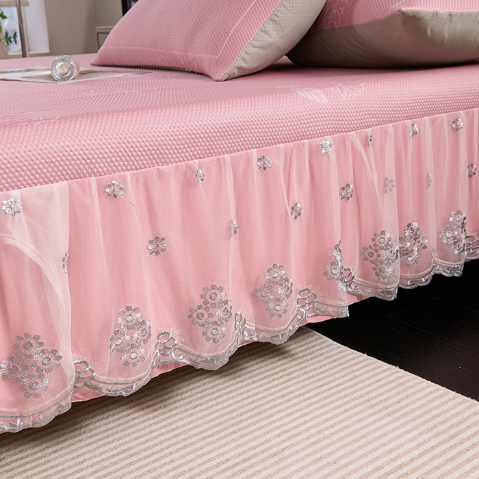 91家纺网 家纺一手货源 找家纺 席之家 2025新款3D冰感蕾丝床裙豆豆席 蕾丝-茶花之恋-粉