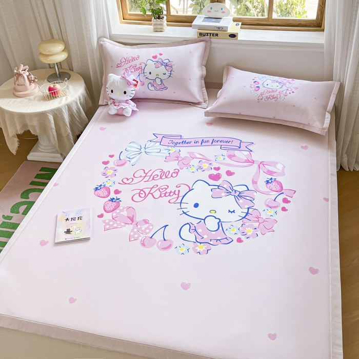 91家纺网 家纺一手货源 找家纺 博雅 2025新款三丽欧A类大版数码印花1200D冰丝凉席凉席席子 甜心KT