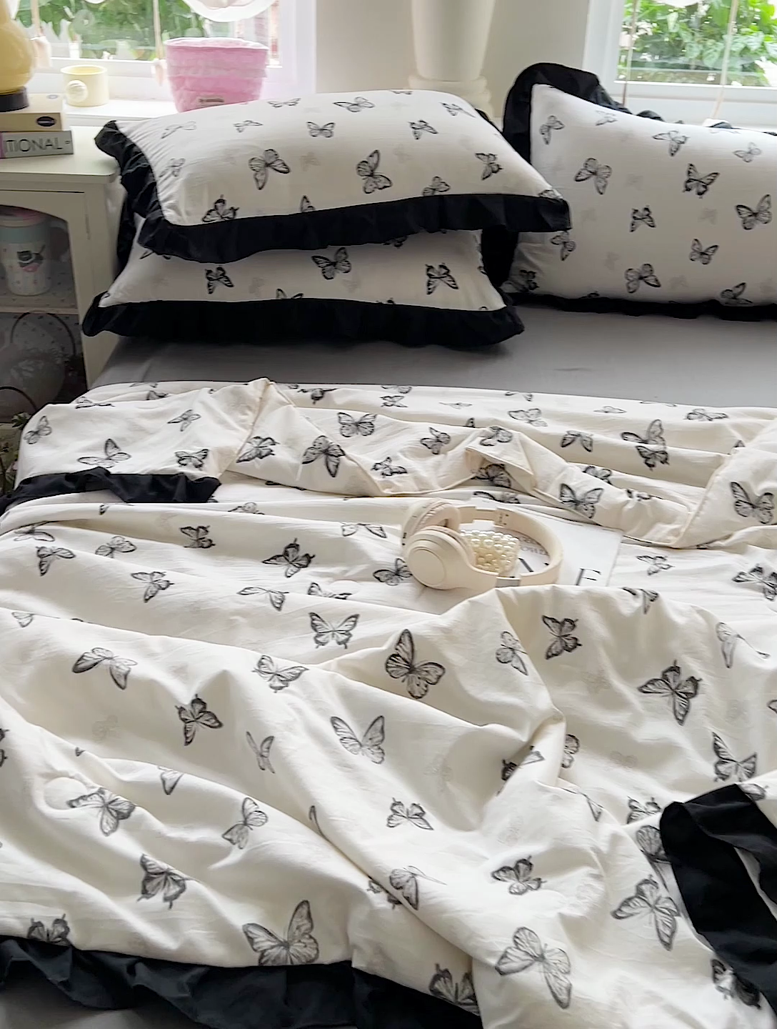 91家纺网 家纺一手货源 找家纺 鑫利来家纺 2025爆款法式赫本风水洗棉韩版荷叶花边云朵棉夏被夏凉被空调被四件套直播爆款 蝴蝶