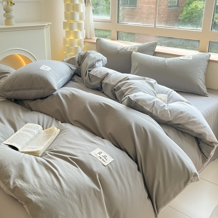 禧澜庭 2025新款纯棉全棉水洗棉斜纹无印风贴标四件套三件套 银灰+梧桐灰