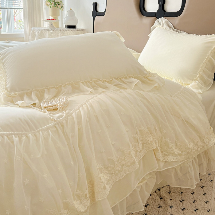 91家纺网 家纺一手货源 找家纺 艺玲家纺 2025新款糯小棉爱丽莎雪纺花边四件套 爱丽莎-黄