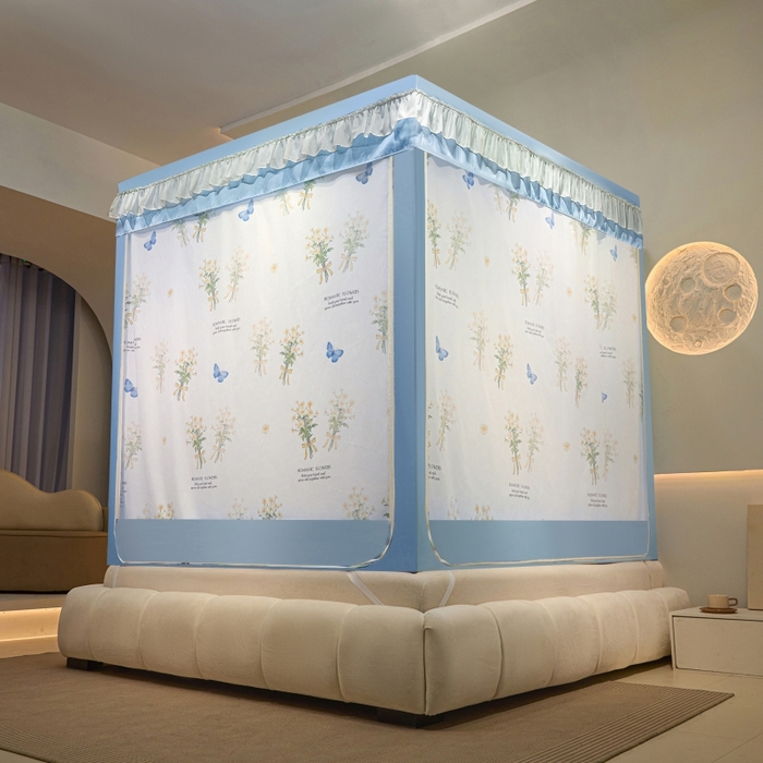 91家纺网 家纺一手货源 找家纺 冉美家纺  2025新款U型遮光方顶坐床蚊帐 白色小雏菊