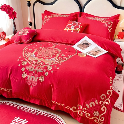 2025新款100支150克双面长绒棉婚庆绣花四件套 喜韵佳缘